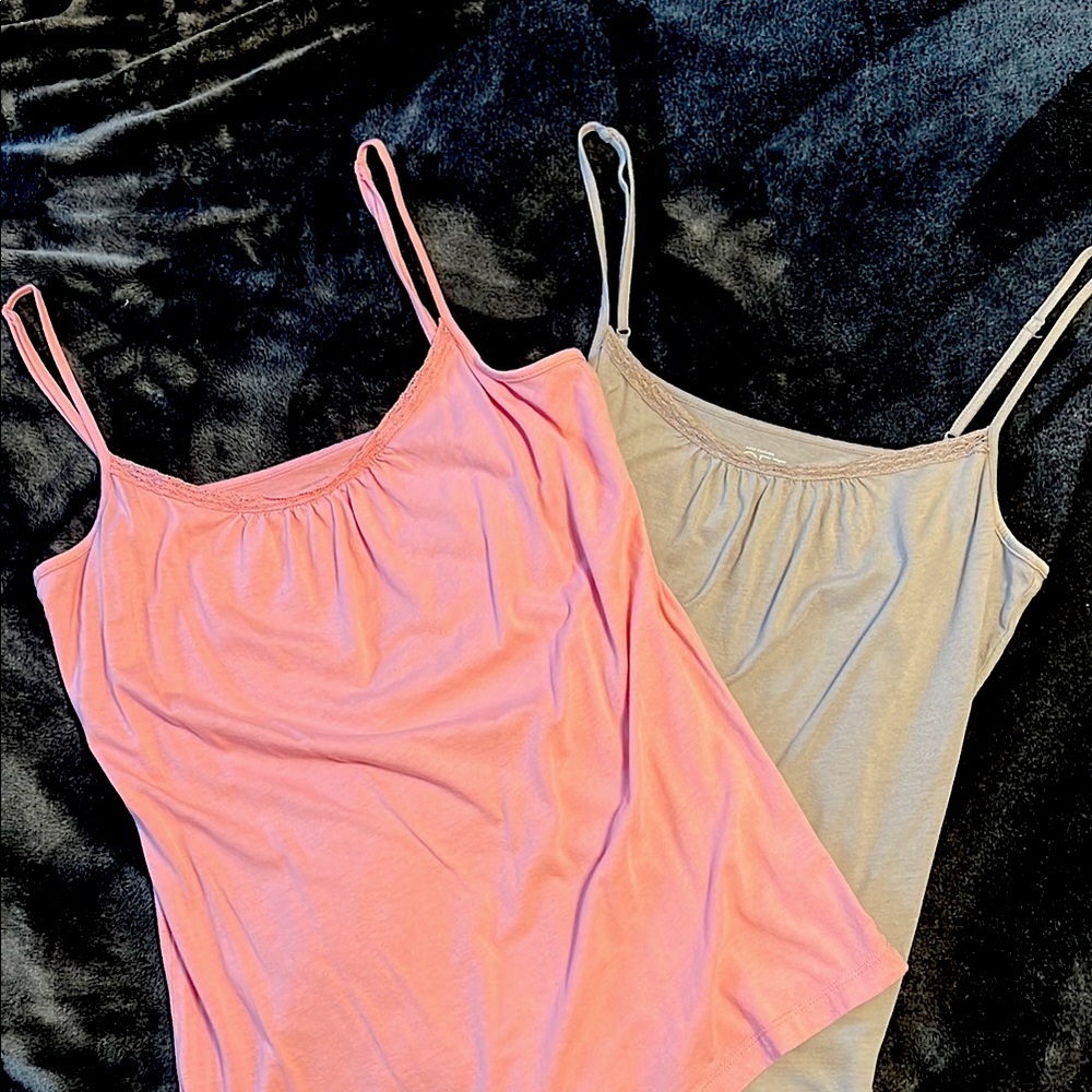 LOFT Y2K Spaghetti Strap Tank Tops — Two! Adjustable straps. Pink & Grey. Small